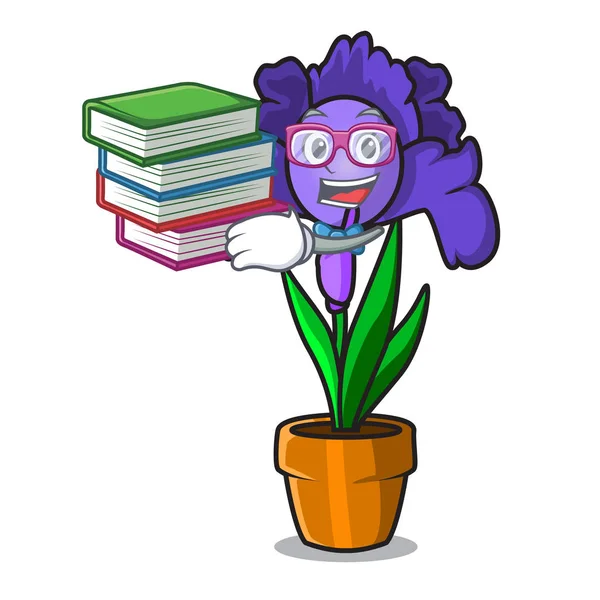 Studente con libro iris fiore mascotte cartone animato — Vettoriale Stock