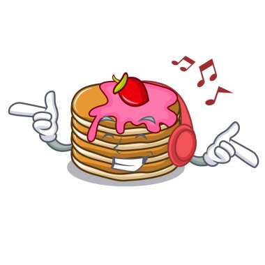 Çilek maskot karikatür ile dinleme müzik gözleme