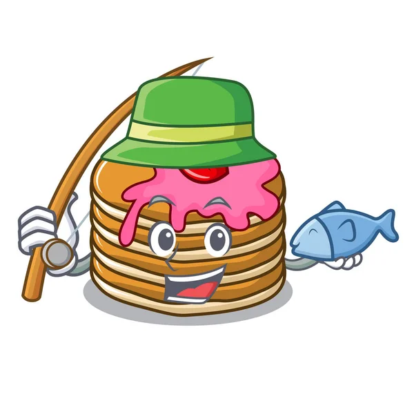 Panqueca de pesca com mascote de morango desenhos animados — Vetor de Stock