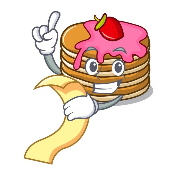 Çilek maskot karikatür ile menü krep ile