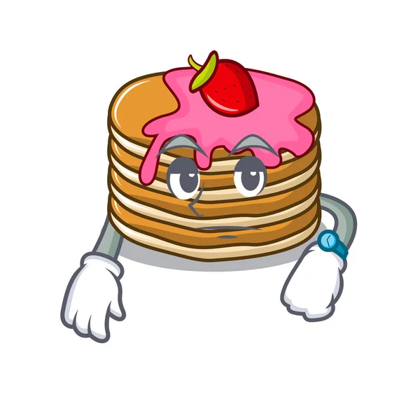 Warten Pfannkuchen mit Erdbeer-Maskottchen Cartoon — Stockvektor