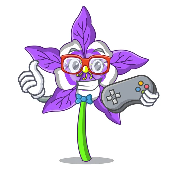 Mascotte de Gamer columbine fleur dessin animé — Image vectorielle