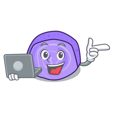 Laptop ile böğürtlenli rulo pasta karakter karikatür