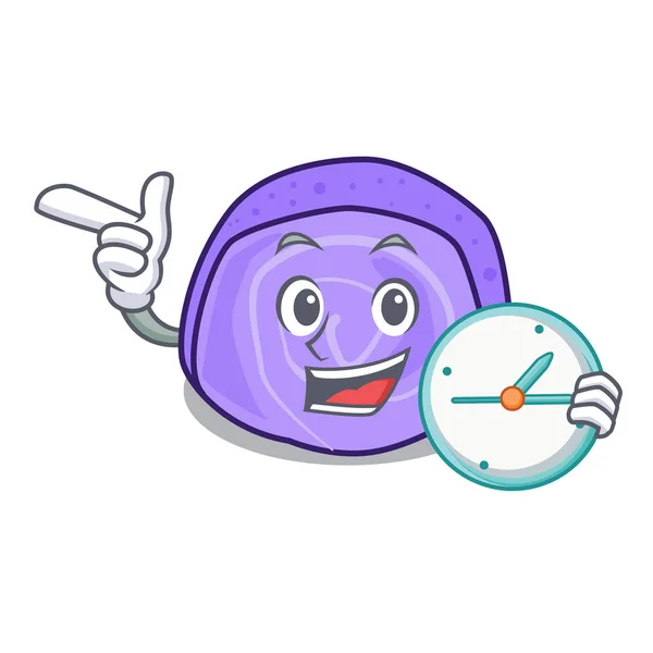 Con reloj de arándanos rollo pastel personaje de dibujos animados — Vector de stock