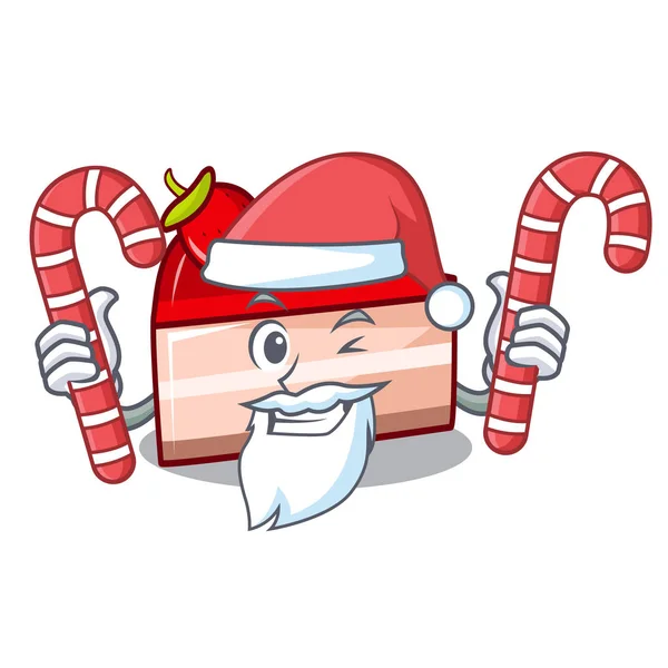 Santa con caramelo pastel de fresa mascota de dibujos animados — Vector de stock