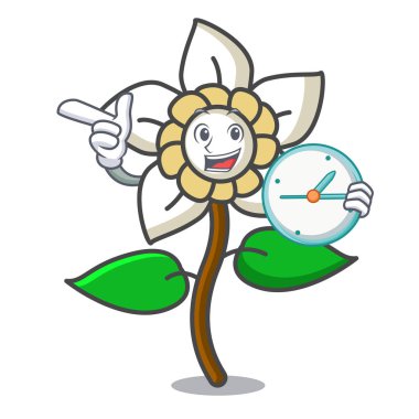 Saat Yasemin çiçeği karakter karikatür vektör çizim ile