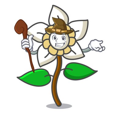 Yasemin çiçeği maskot karikatür vektör çizim cadı