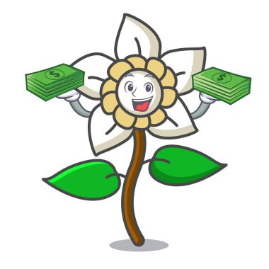 Para çantası Yasemin çiçeği maskot karikatür vektör çizim ile