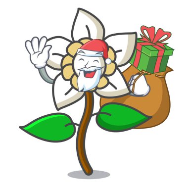 Noel Baba hediye Yasemin çiçeği maskot karikatür vektör çizim ile