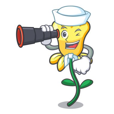 Denizci dürbün nergis çiçek maskot karikatür vektör çizim ile