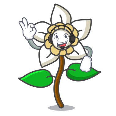 Kulaklık Yasemin çiçeği maskot karikatür vektör çizim ile
