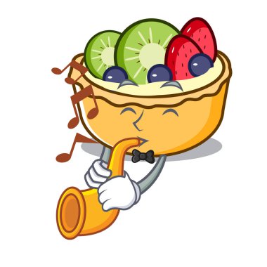 Meyve tart maskot karikatür vektör çizim trompet ile