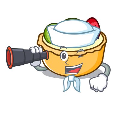 Denizci ile dürbün meyve tart maskot karikatür vektör çizim