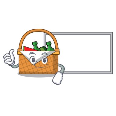 Başparmak yukarıya kurulu piknik sepeti karakter karikatür vektör çizim ile