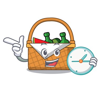 Saat piknik sepeti karakter karikatür vektör çizim ile