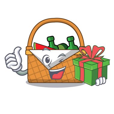 Hediye piknik sepeti maskot karikatür vektör çizim ile
