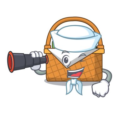 Denizci dürbün piknik sepeti maskot karikatür vektör çizim ile