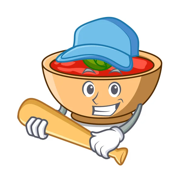 Jogando baseball tomate desenho animado personagem sopa — Vetor de Stock