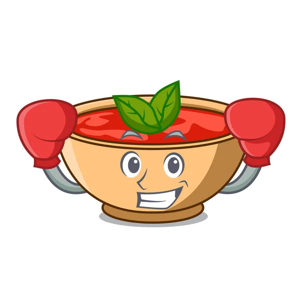 Boxe de tomate personagem sopa desenhos animados — Vetor de Stock