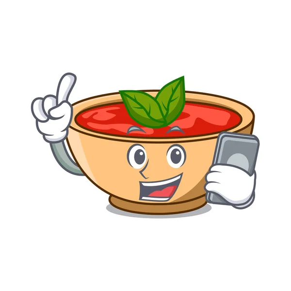 Con teléfono sopa de tomate personaje de dibujos animados — Vector de stock
