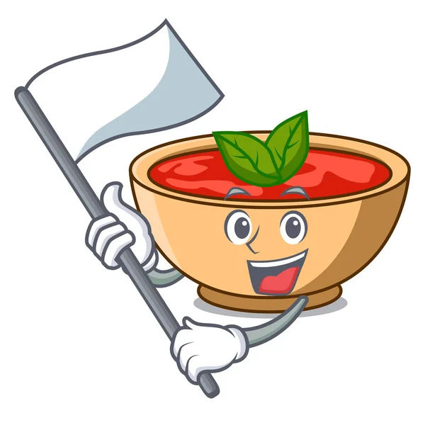 Dengan bendera kartun sup tomat karakter - Stok Vektor