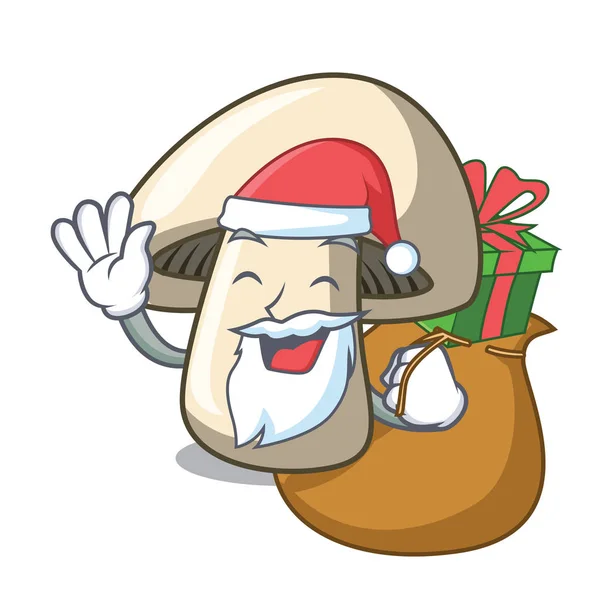 Santa con regalo champiñón mascota del champiñón de dibujos animados — Vector de stock