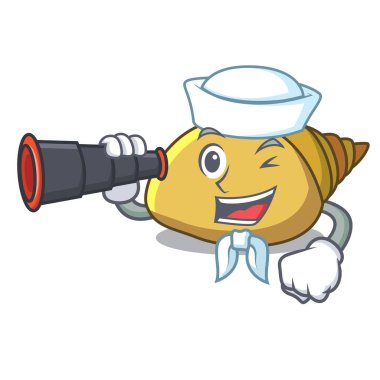 Denizci dürbün yumuşakça kabuğu maskot karikatür vektör çizim ile