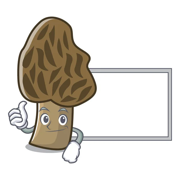 Jempol ke atas dengan papan morel karakter jamur kartun - Stok Vektor