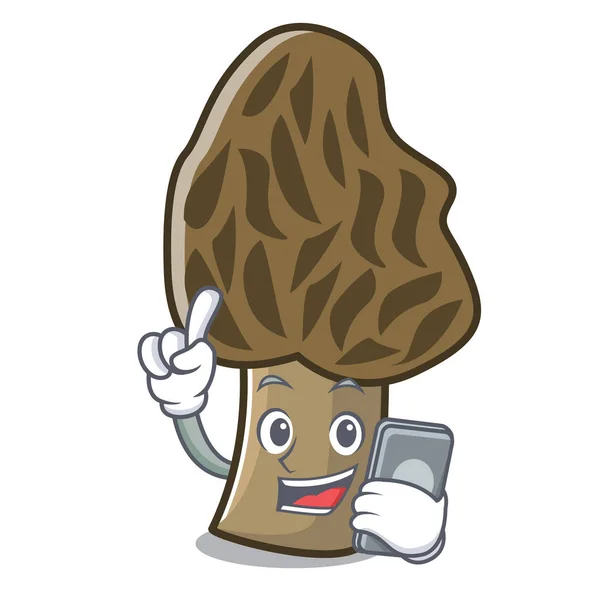Dengan telepon morel karakter jamur kartun - Stok Vektor