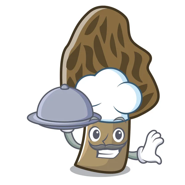 Chef com comida morel cogumelo mascote desenhos animados — Vetor de Stock