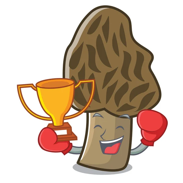 Boxing winner morel mushroom mascot cartoon — Stock Vector