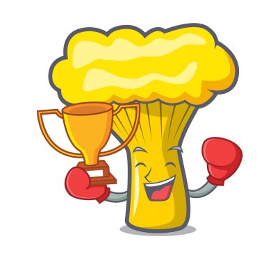 Boks şampiyonu Cantharellus cibarius mantar maskot karikatür vektör çizim