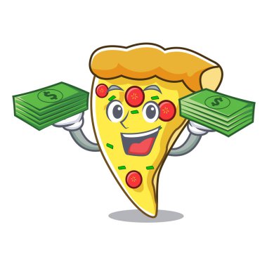 Para çantası pizza dilimi maskot karikatür vektör çizim ile