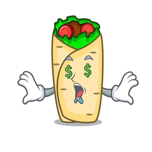 Pengar Ögat Burrito Maskot Tecknad Stil Vektorillustration — Stock vektor