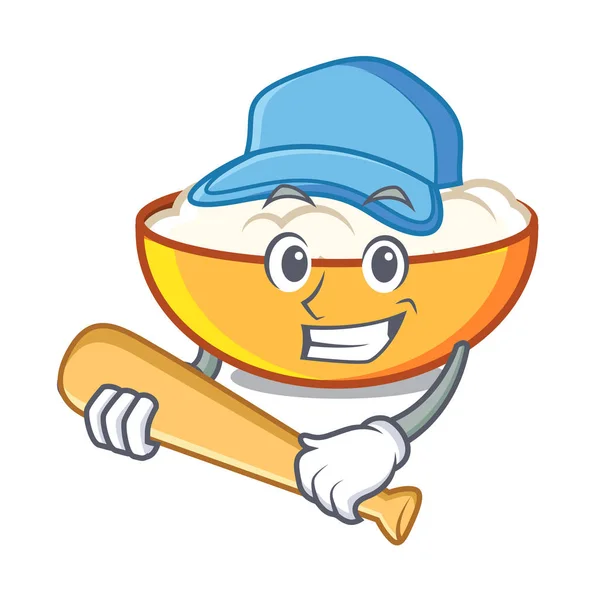 Jouer Baseball Fromage Cottage Personnage Dessin Animé Vecteur Illustration — Image vectorielle