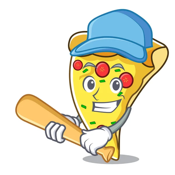 Jouer Baseball Pizza Tranche Personnage Dessin Animé Vecteur Illustration — Image vectorielle