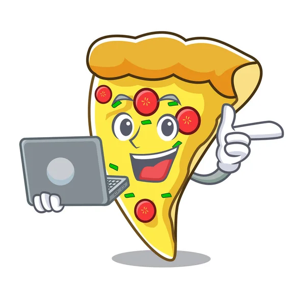 Met Laptop Pizza Slice Karakter Cartoon Vectorillustratie — Stockvector