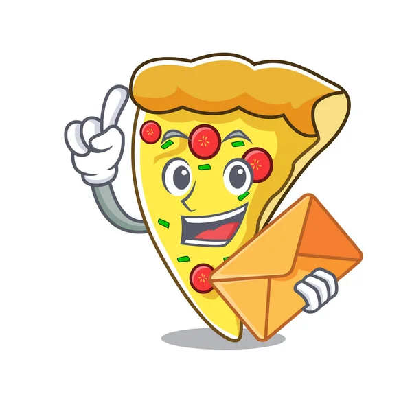 Met Envelop Pizza Slice Karakter Cartoon Vectorillustratie — Stockvector