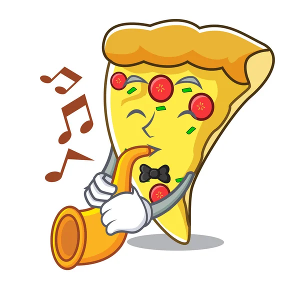 Met Trompet Pizza Slice Mascotte Cartoon Vectorillustratie — Stockvector