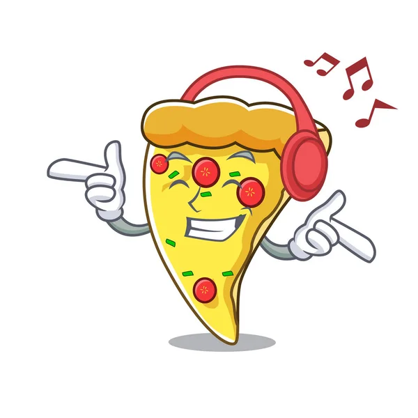 Luisteren Muziek Pizza Slice Mascotte Cartoon Vectorillustratie — Stockvector