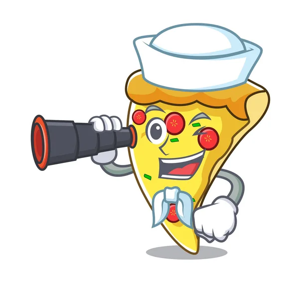 Matroos Met Verrekijker Pizza Slice Mascotte Cartoon Vectorillustratie — Stockvector