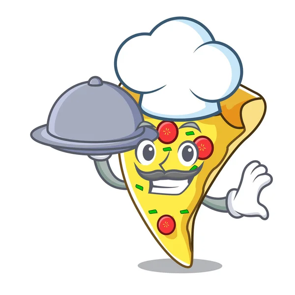 Chef Kok Met Eten Pizza Slice Mascotte Cartoon Vectorillustratie — Stockvector