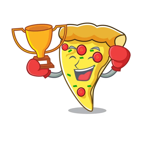 Boksen Winnaar Pizza Slice Mascotte Cartoon Vectorillustratie — Stockvector