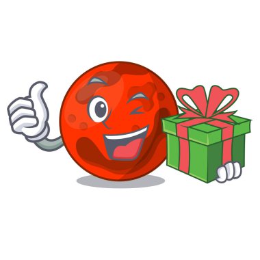 Hediye ile mars gezegeni maskot karikatür vektör çizim