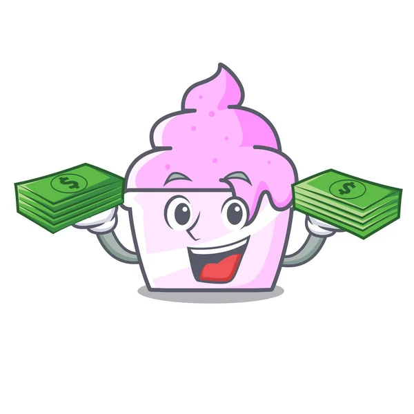 Con bolsa de dinero helado papel taza mascota dibujos animados — Vector de stock