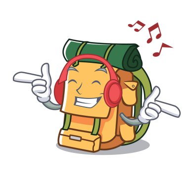 Dinleme müzik sırt çantası maskot karikatür tarzı vektör çizim