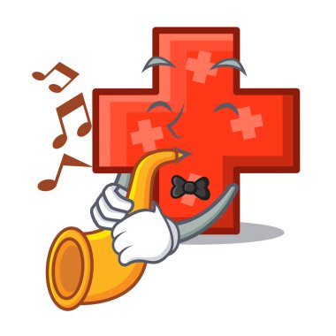 Maskot karikatür tarzı vektör çizim trompet ile çapraz