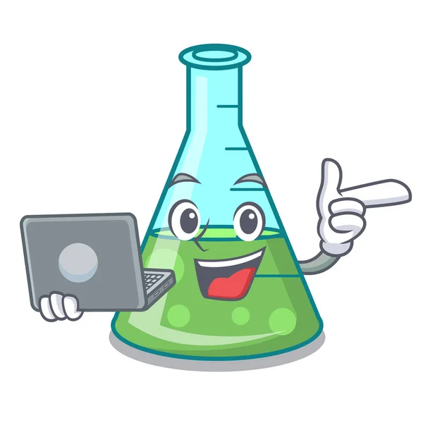 With laptop science beaker character cartoon — Stock Vector