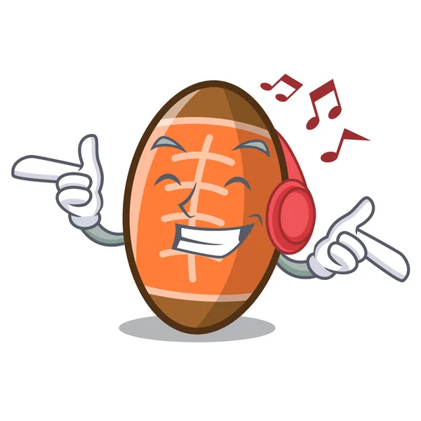 Ascolto Musica Rugby Palla Mascotte Cartone Animato Vettoriale Illustrazione — Vettoriale Stock
