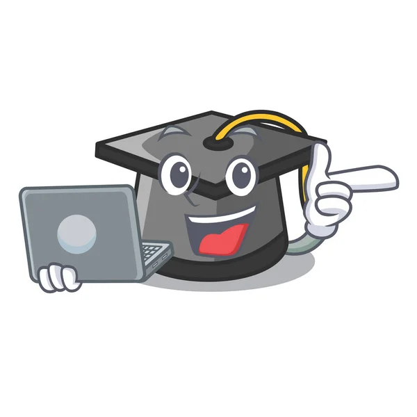 Mit Laptop Graduierung Hut Charakter Cartoon Vektor Illustration — Stockvektor